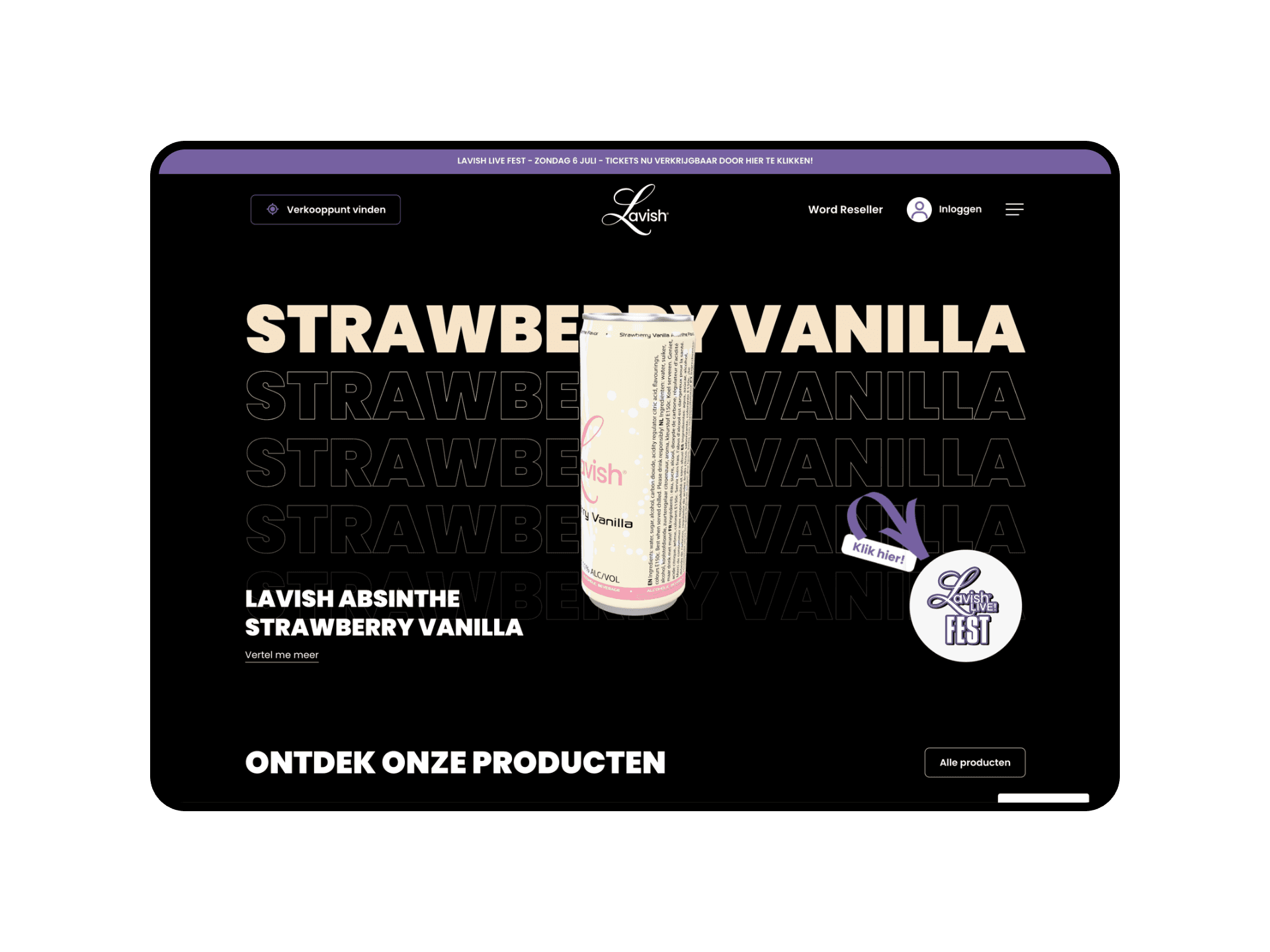 De vernieuwde productpagina van Lavish Absinthe Strawberry Vanilla: het blikje op een zwart vlak met de smaaknaam als groot herhaald woordbeeld.