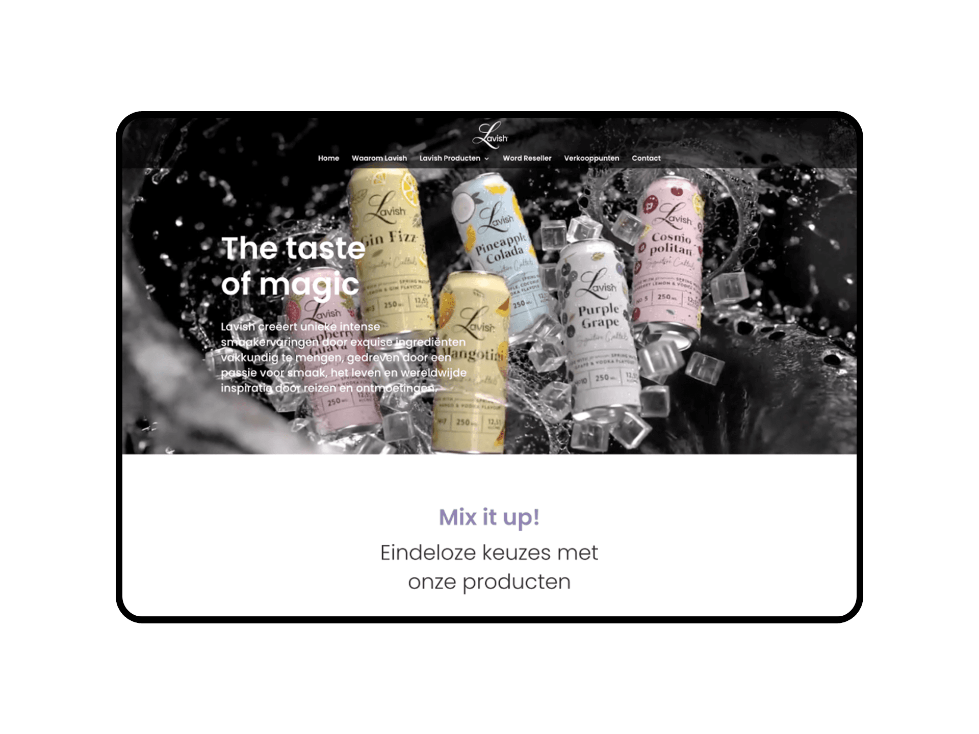 De oude homepage met de kop "The taste of magic" en zes blikjes cocktail tussen ijsblokjes en opspattend water.