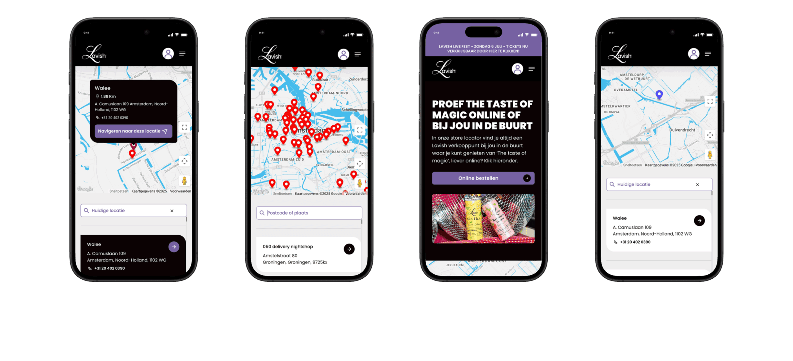 Vier telefoonschermen van de verkooppuntzoeker: een kaart met vestigingen in Amsterdam, het zoekveld op postcode en de gegevens van een gevonden winkel.