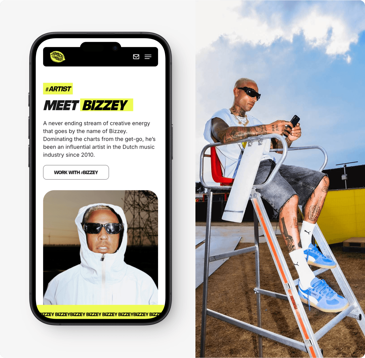 Een telefoonscherm met het artiestenprofiel van Bizzey naast een foto van de artiest op een scheidsrechtersstoel.