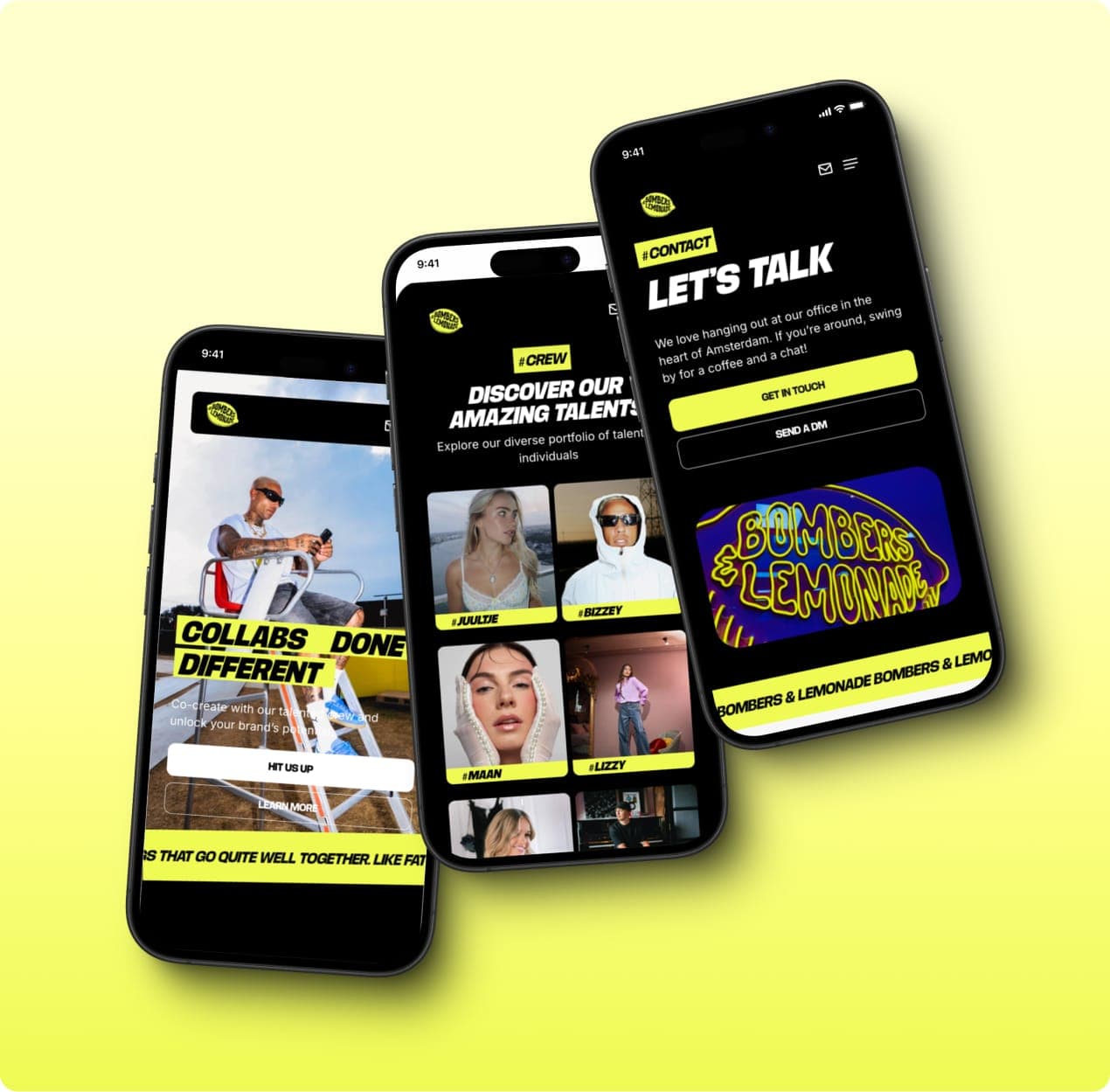 Drie telefoonschermen op een geel vlak: de homepage met "Collabs done different", het talentenoverzicht en de contactpagina.