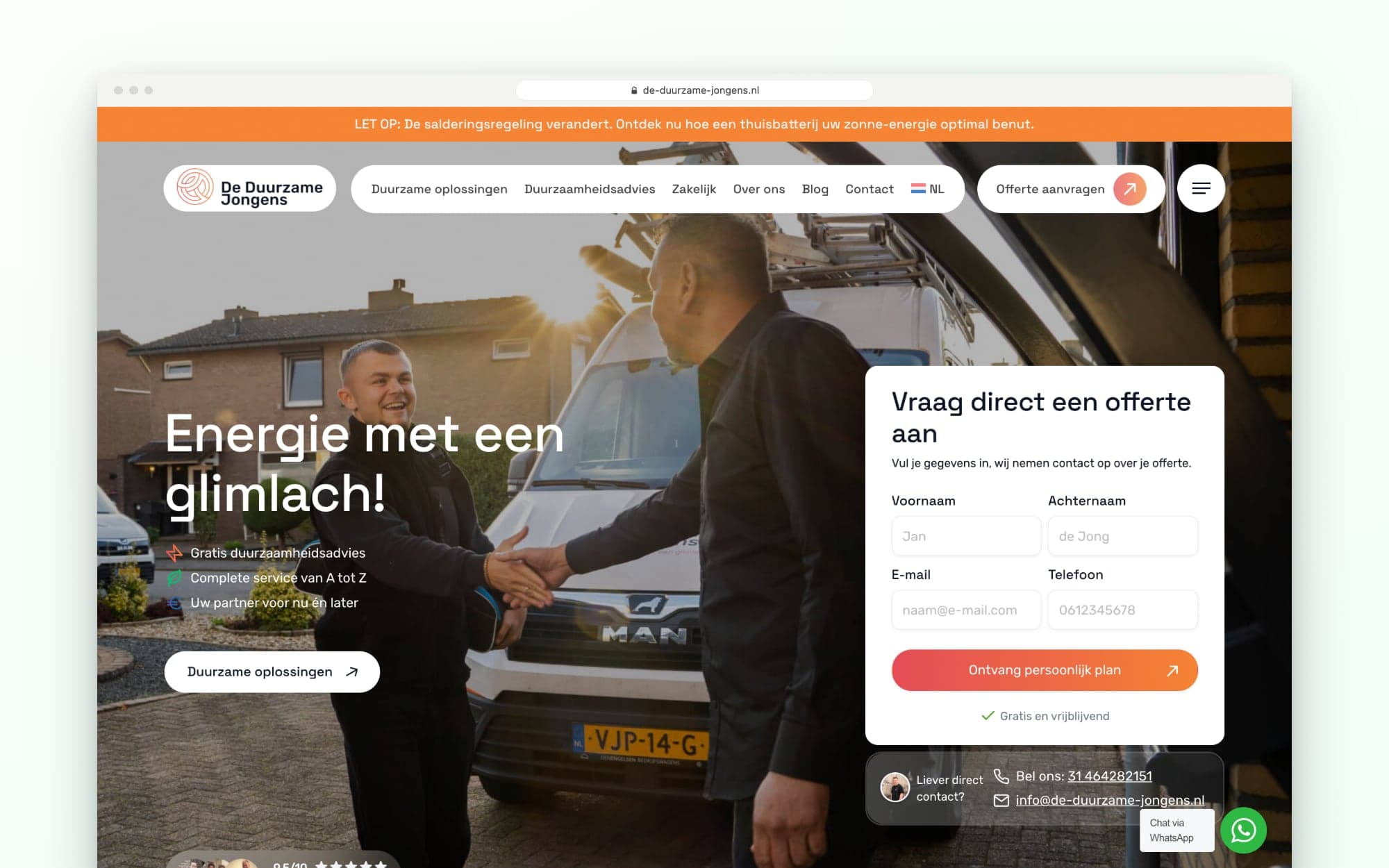 De homepage van De Duurzame Jongens met het korte formulier om direct een offerte aan te vragen