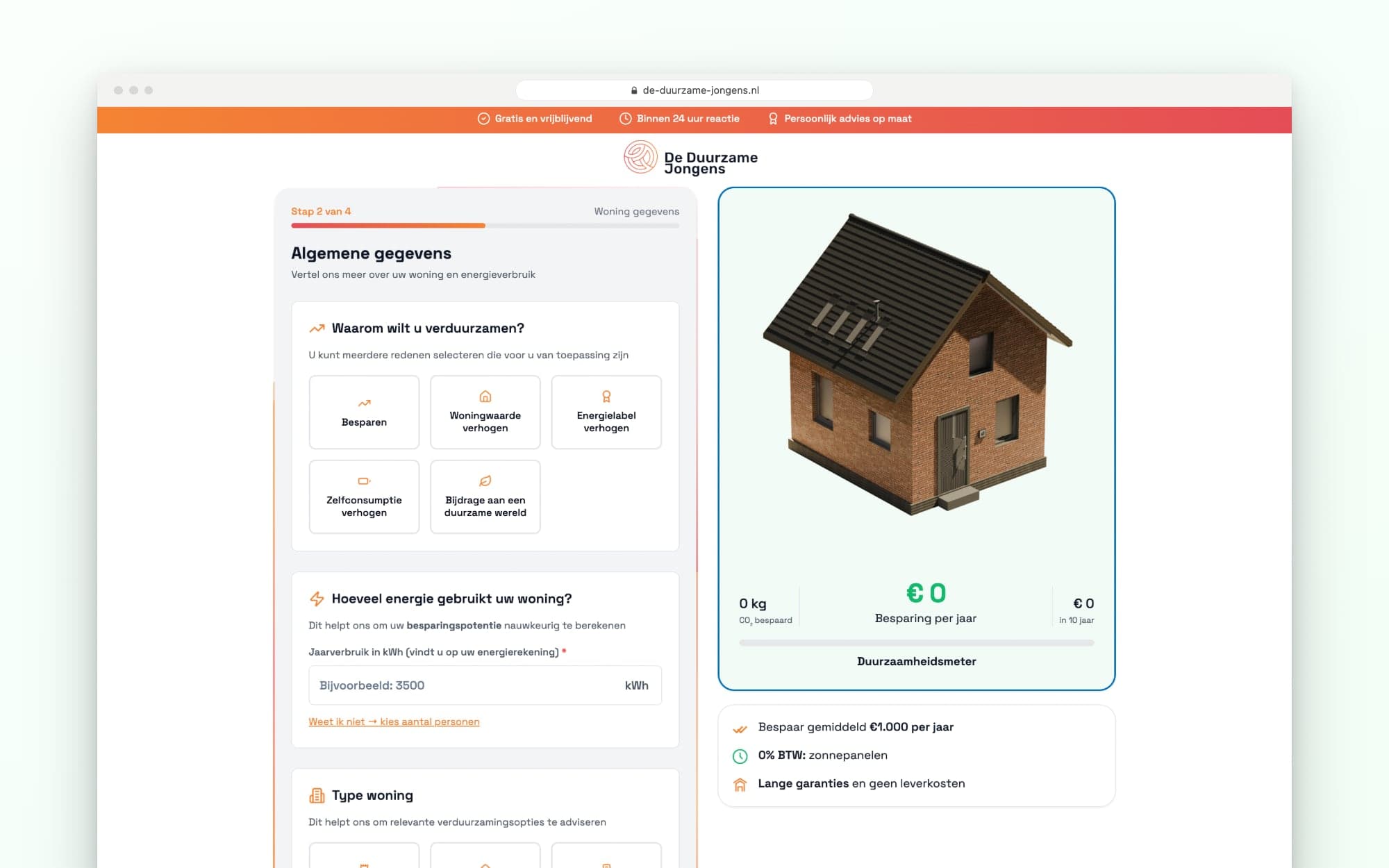 Stap 2 van de offertetool: de reden om te verduurzamen, het energieverbruik en het type woning