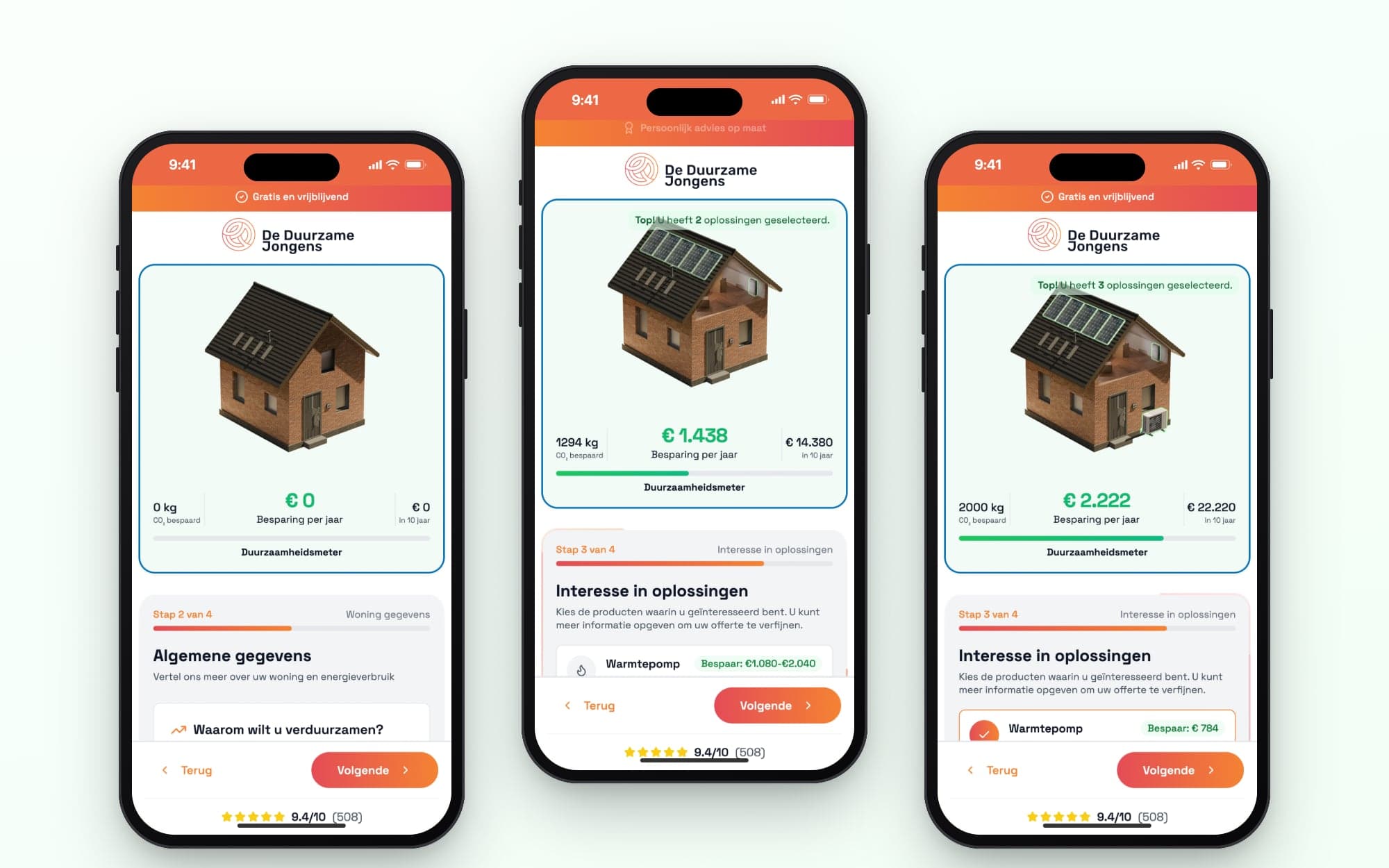 De offertetool op een telefoon: stap 2 en stap 3, met het huis en de besparing boven het formulier
