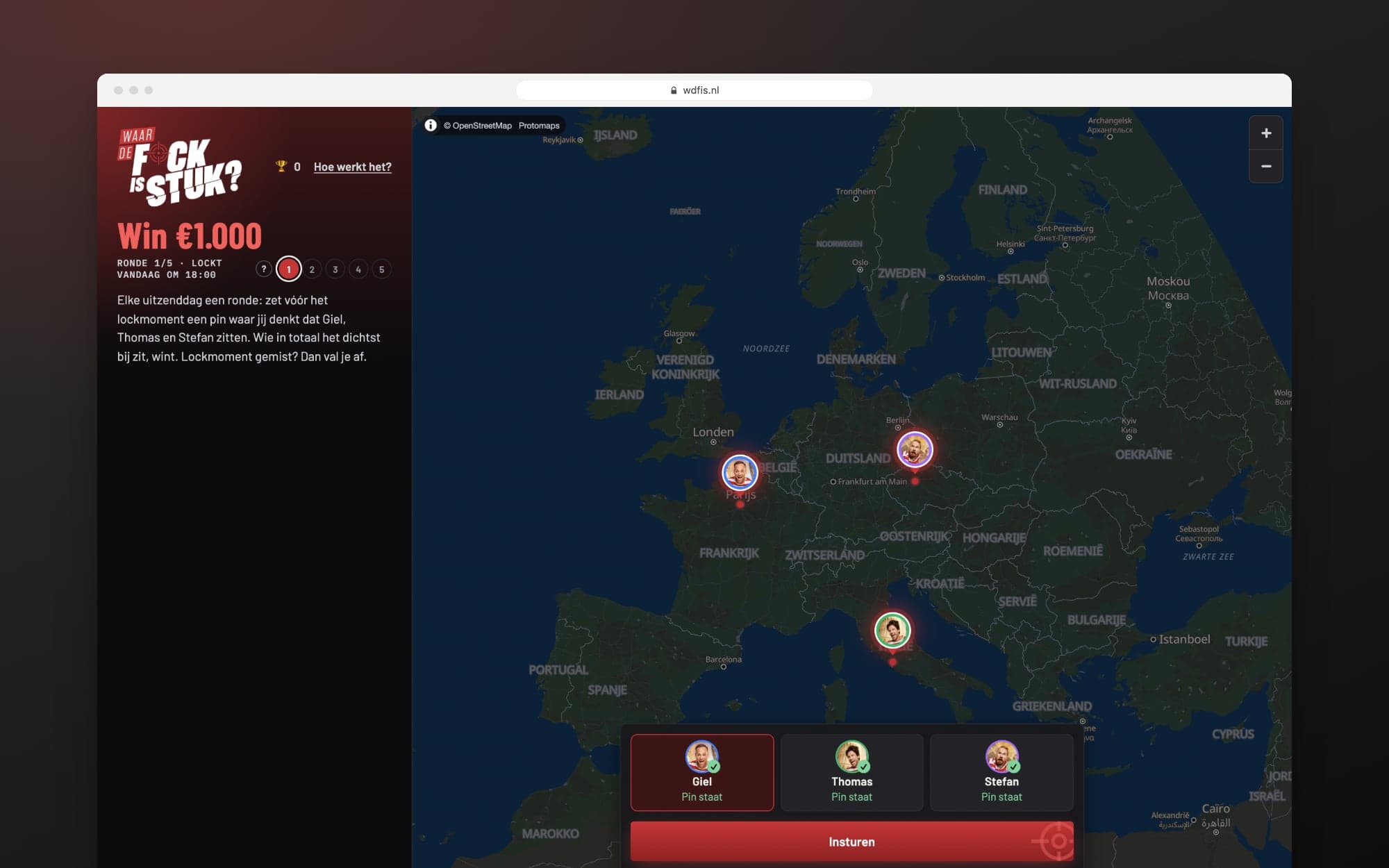 Het pin-spel op desktop: Win €1.000, de vijf rondes en de kaart van Europa met pinnen voor Giel, Thomas en Stefan
