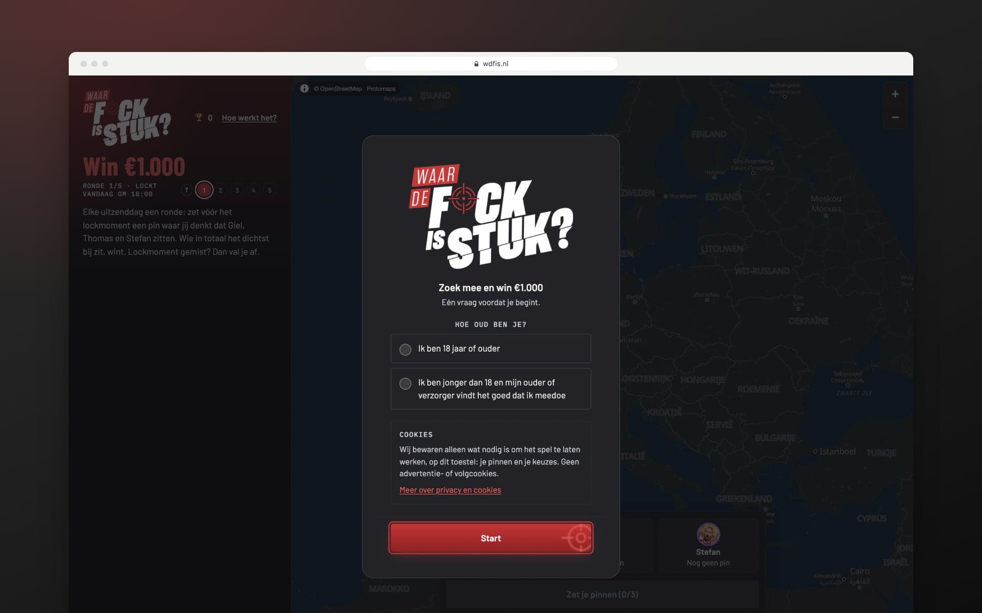 Het welkomstscherm van Waar de F*ck is STUK?, met de keuze voor leeftijd en uitleg over cookies