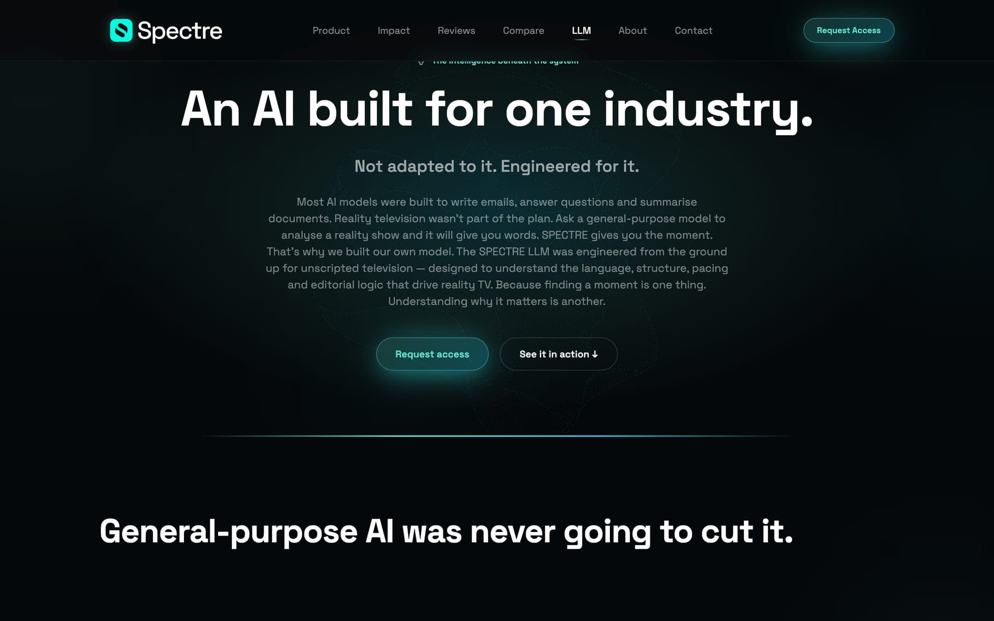 De pagina over het eigen model van Spectre, met de kop "An AI built for one industry"