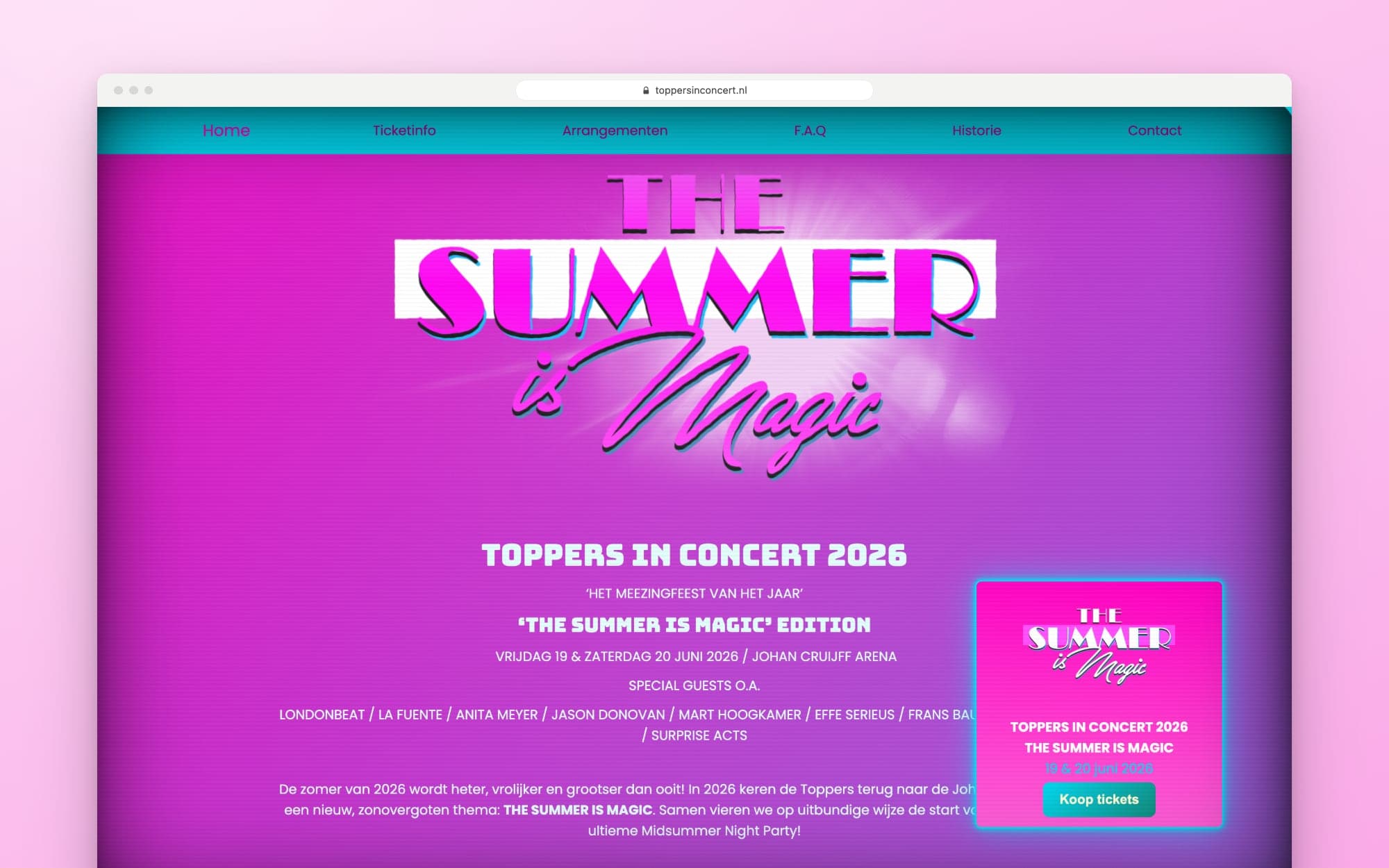 De editie van 2026 op de site: 'The Summer is Magic', de data in de Johan Cruijff ArenA en de gastartiesten