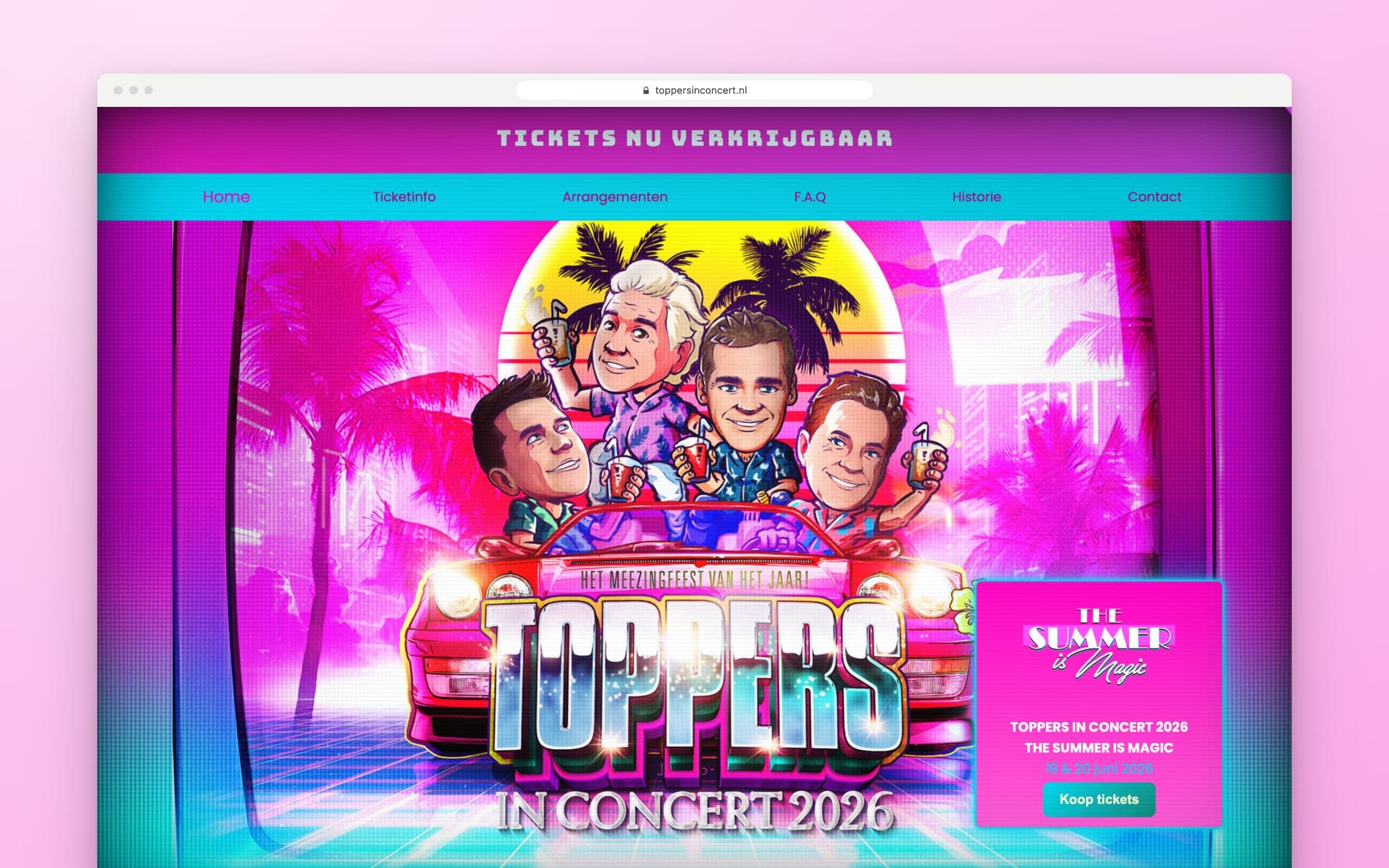 De homepage van Toppers in Concert tijdens de kaartverkoop voor 2026, met bovenaan 'Tickets nu verkrijgbaar'
