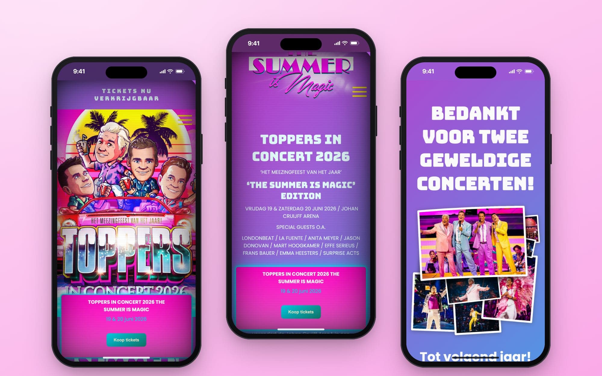 De site van Toppers in Concert op een telefoon: de kaartverkoop, de editie van 2026 en de bedankpagina na de concerten