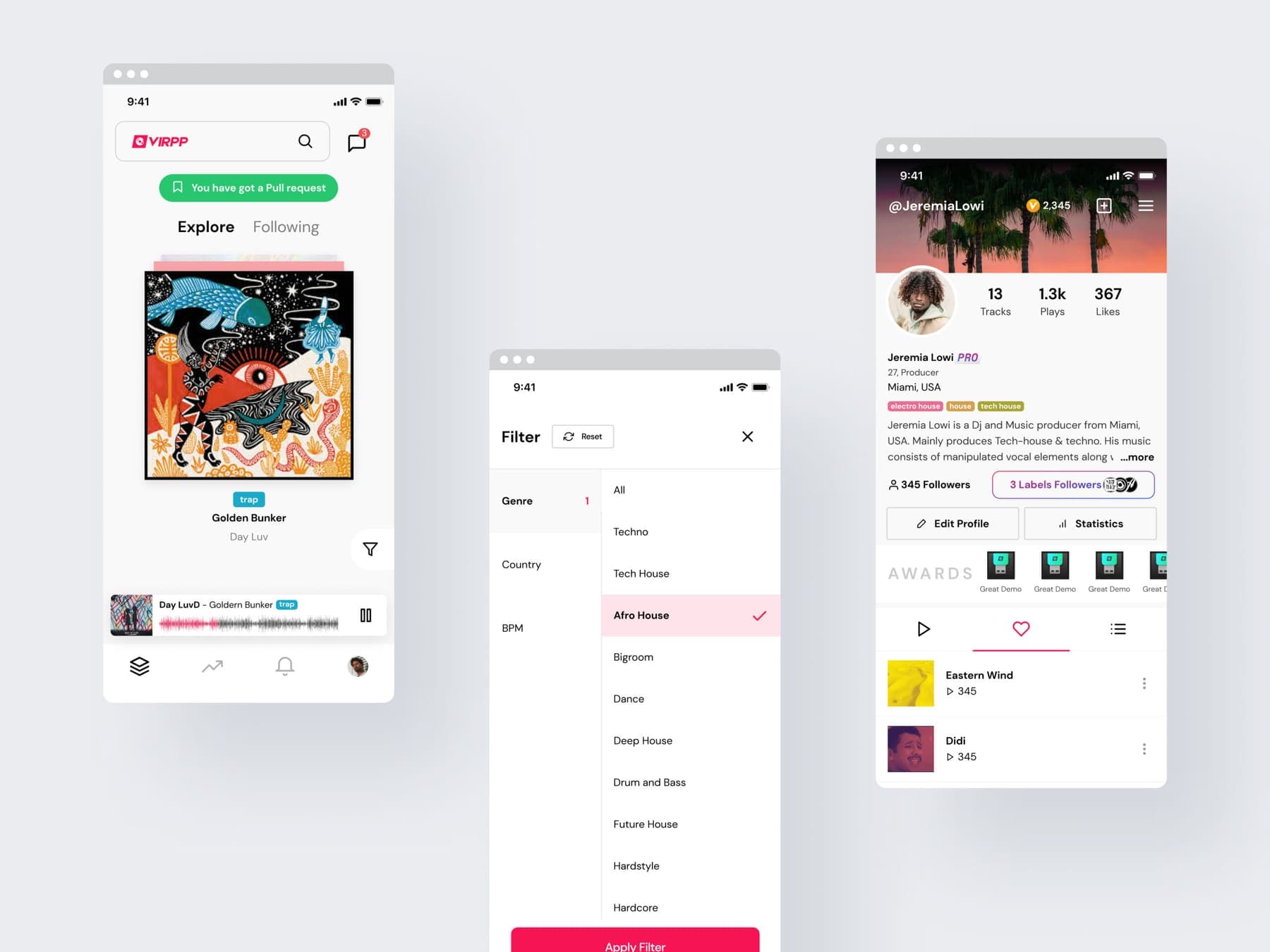 Drie schermen van de app: de ontdekfeed met een track en waveform-speler, het filter op genre en BPM, en een artiestenprofiel met tracks, plays en likes.