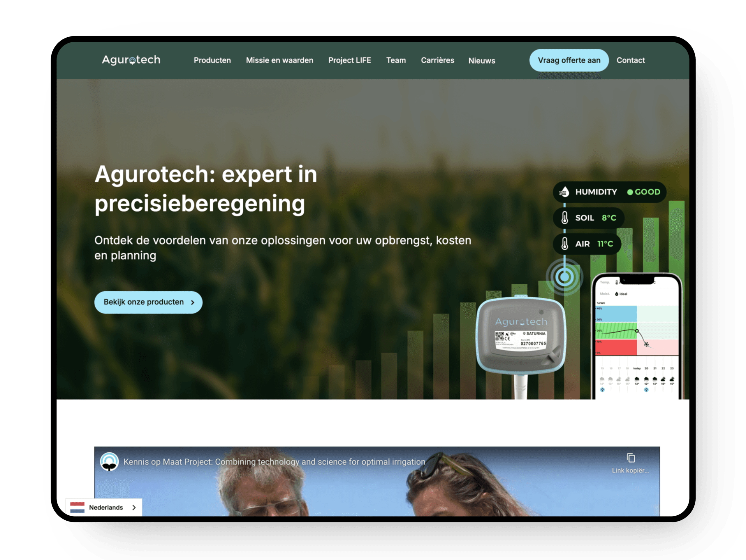 De oude website: "Agurotech: expert in precisieberegening", met een sensor in een maïsveld en meetwaarden voor vochtigheid en temperatuur.