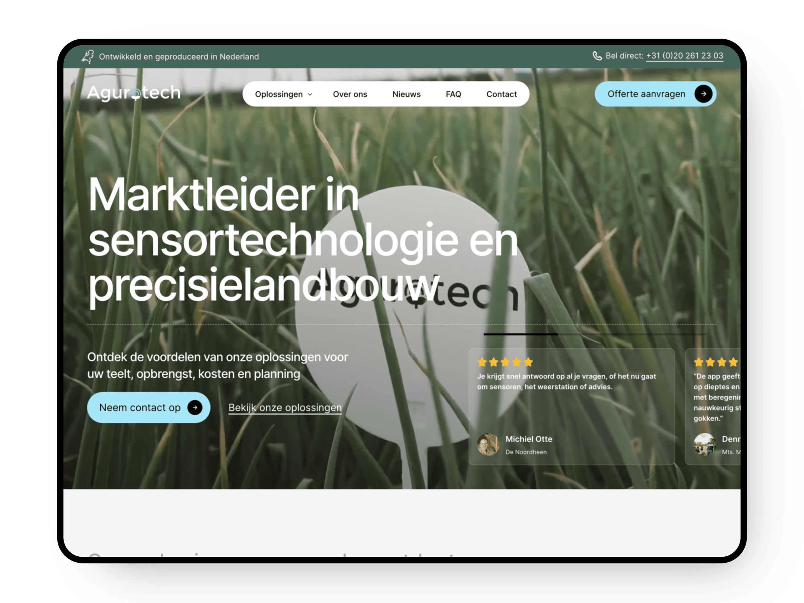 De nieuwe homepage: "Marktleider in sensortechnologie en precisielandbouw" over een close-up van een sensor in het gewas, met klantreviews rechtsonder.