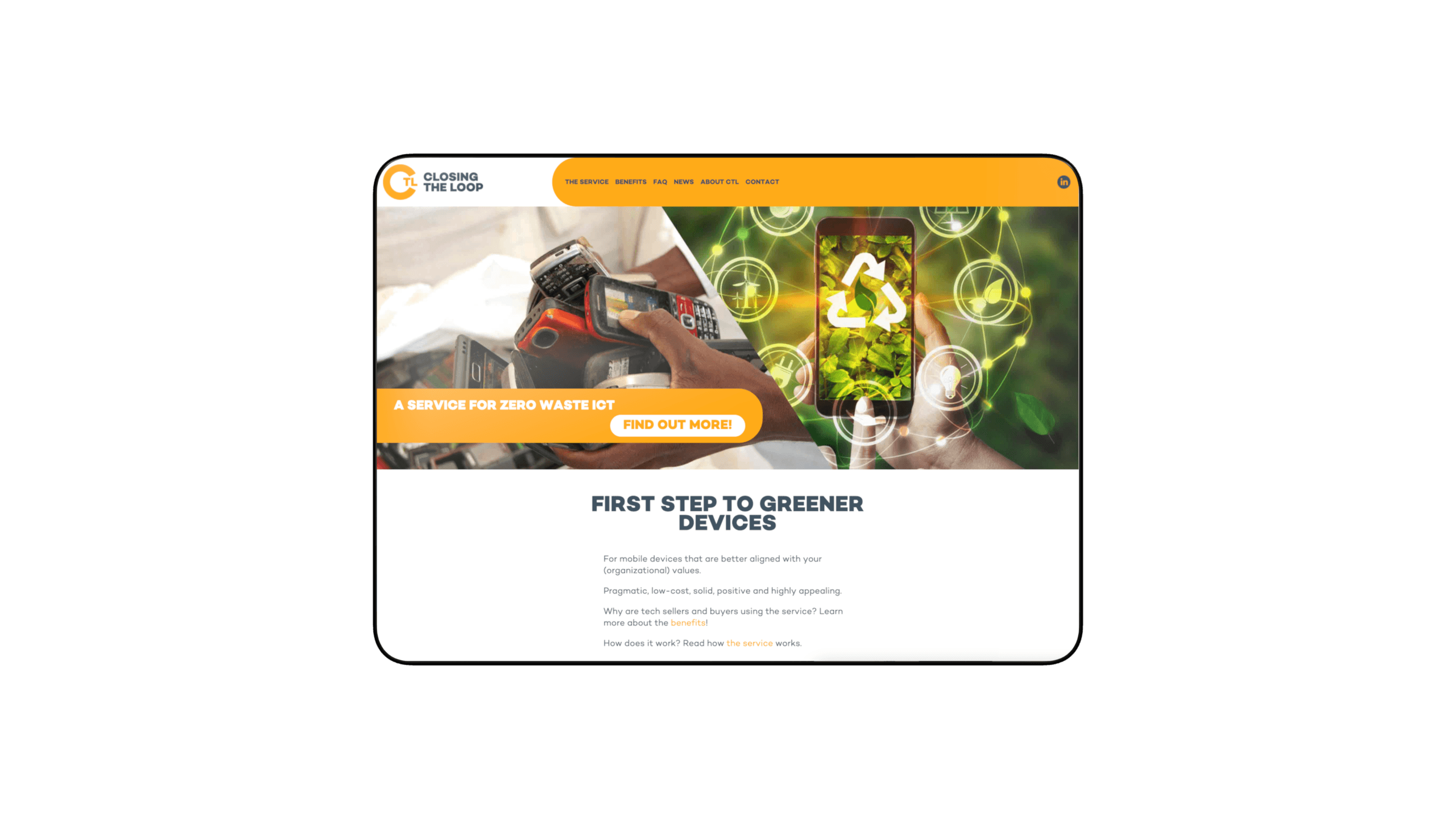 De oude website van Closing The Loop: een oranje balk, een collage van ingezamelde telefoons en de kop "First step to greener devices".