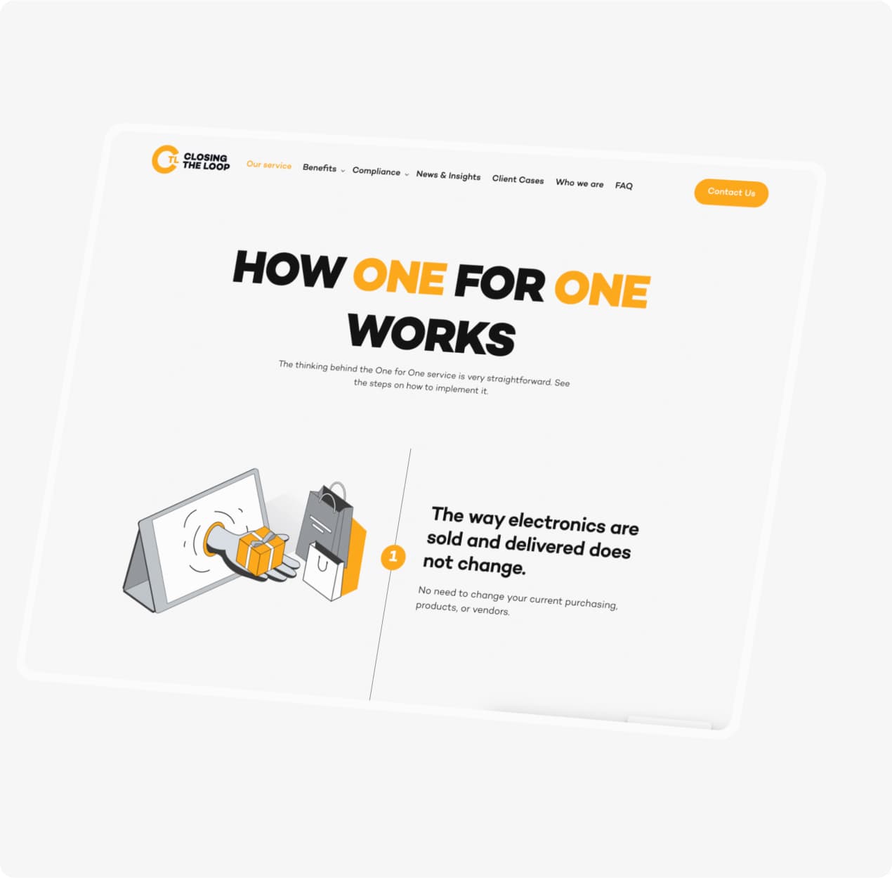De uitlegpagina "How One for One works" op een laptop, met stap 1 en een illustratie van een pakket dat uit een scherm komt.