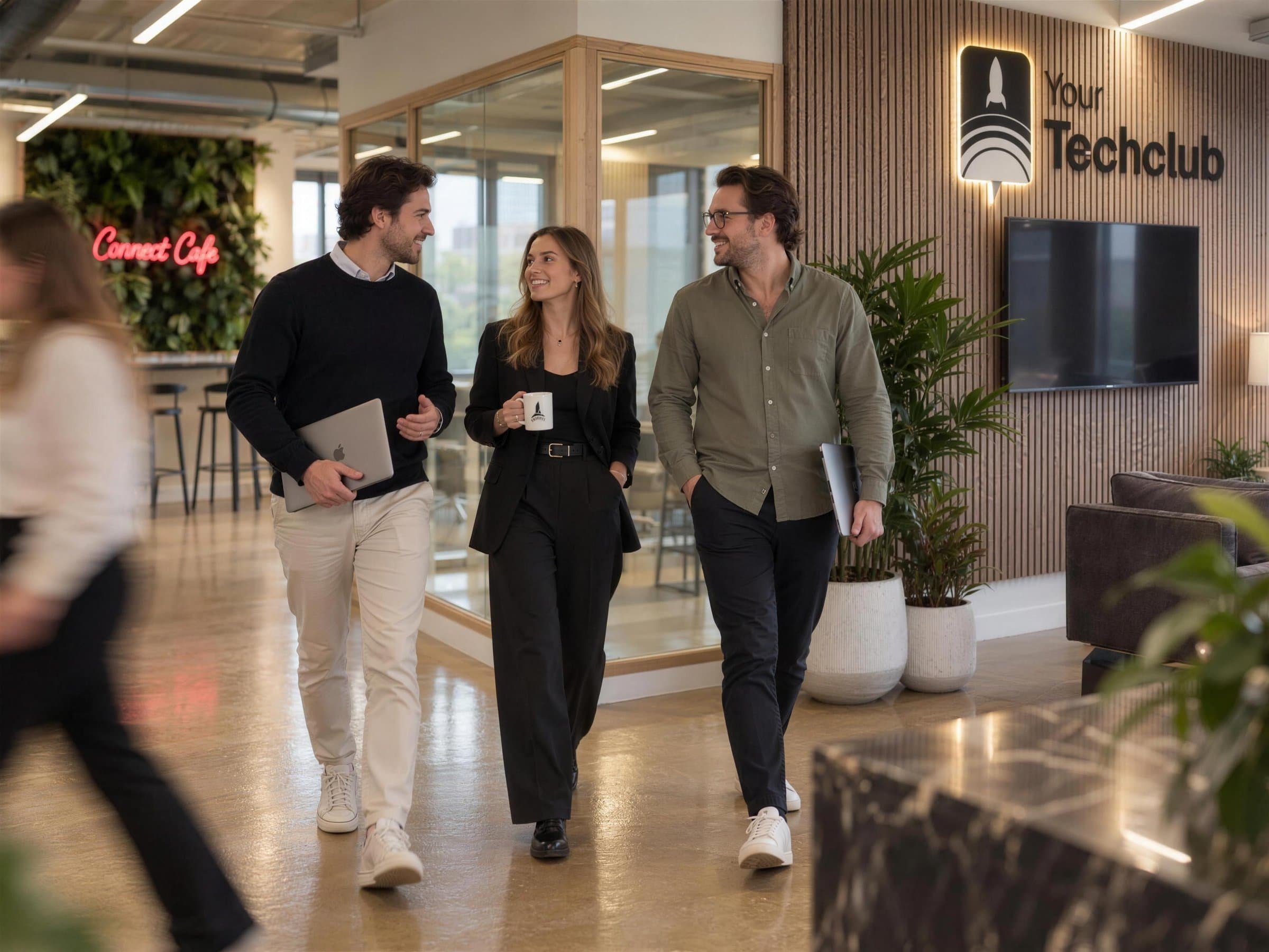 Drie mensen lopen door het kantoor in Amsterdam, langs de wand met het logo