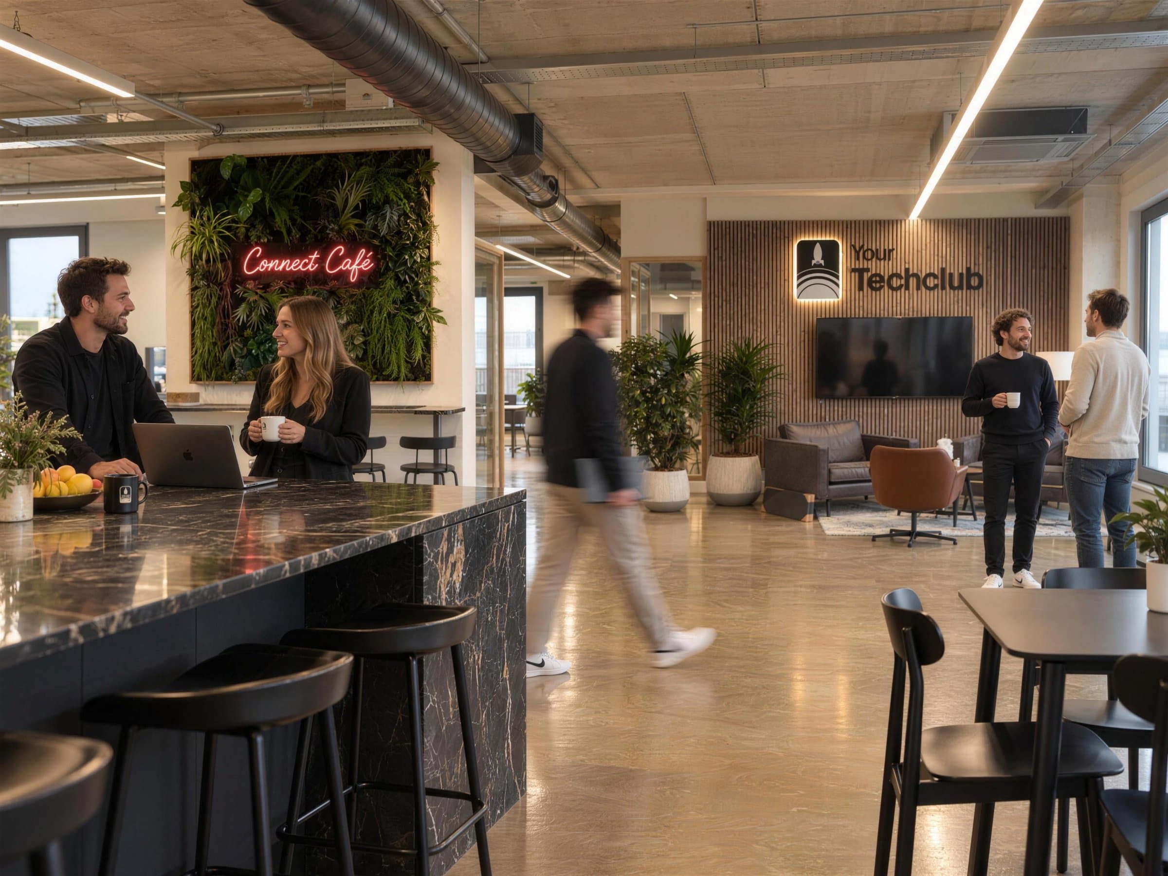 De open werkruimte van het kantoor in Amsterdam, met het Connect Café en de wand met het logo
