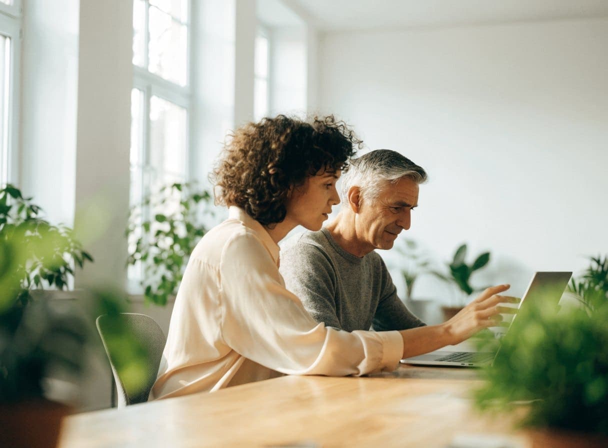 Twee collega's kijken samen naar een laptop, de een wijst iets aan op het scherm