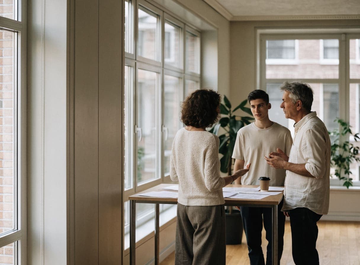 Drie collega's overleggen staand aan een tafel met papieren bij een groot raam
