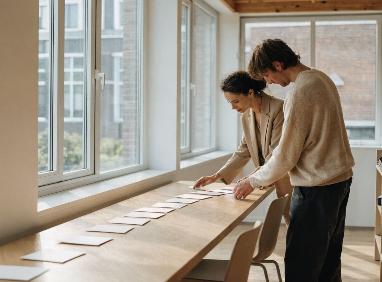Twee collega's leggen kaarten in een rij op een lange tafel bij het raam