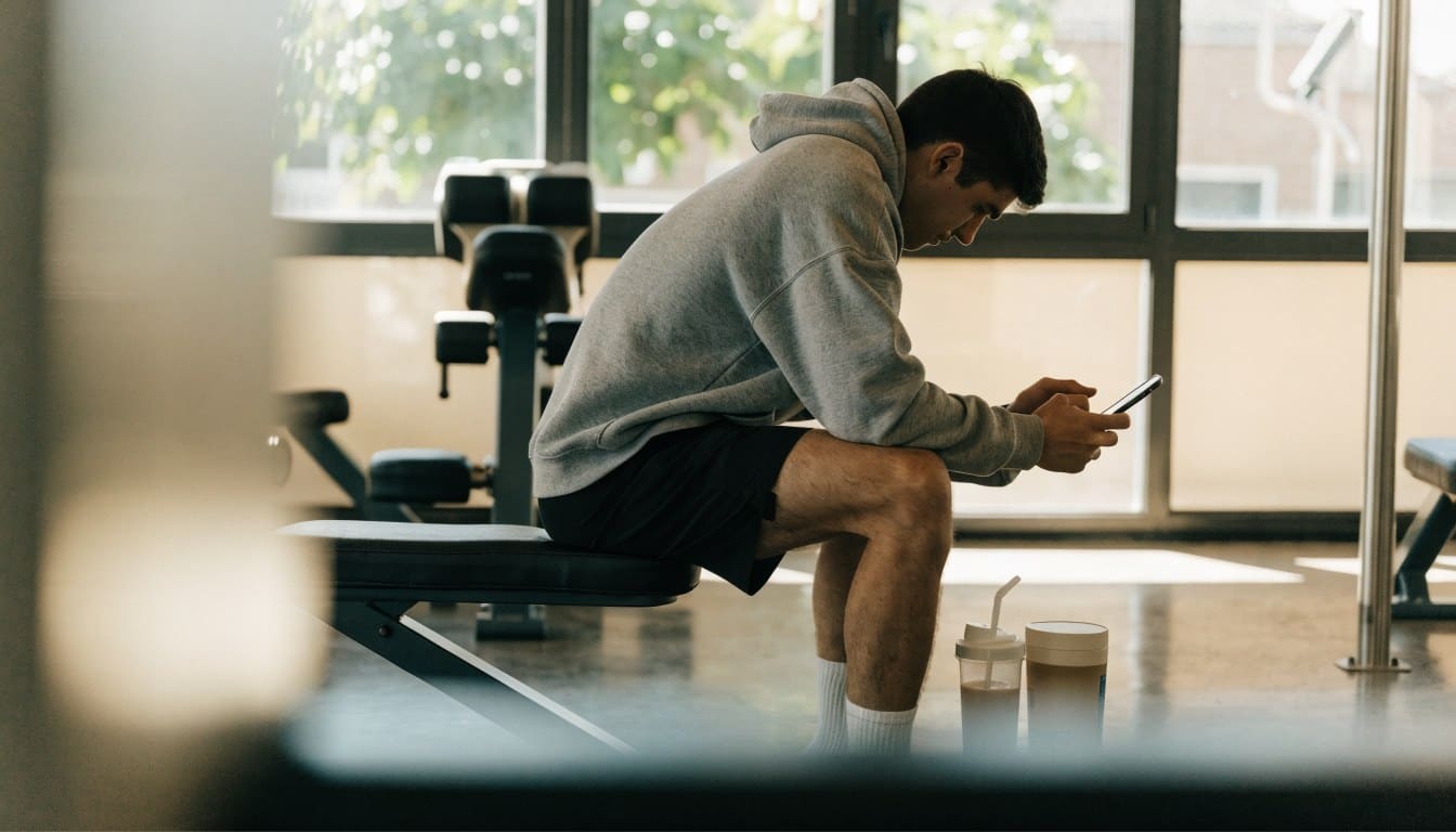 Sporter met een shaker en supplementen naast de bank in de sportschool