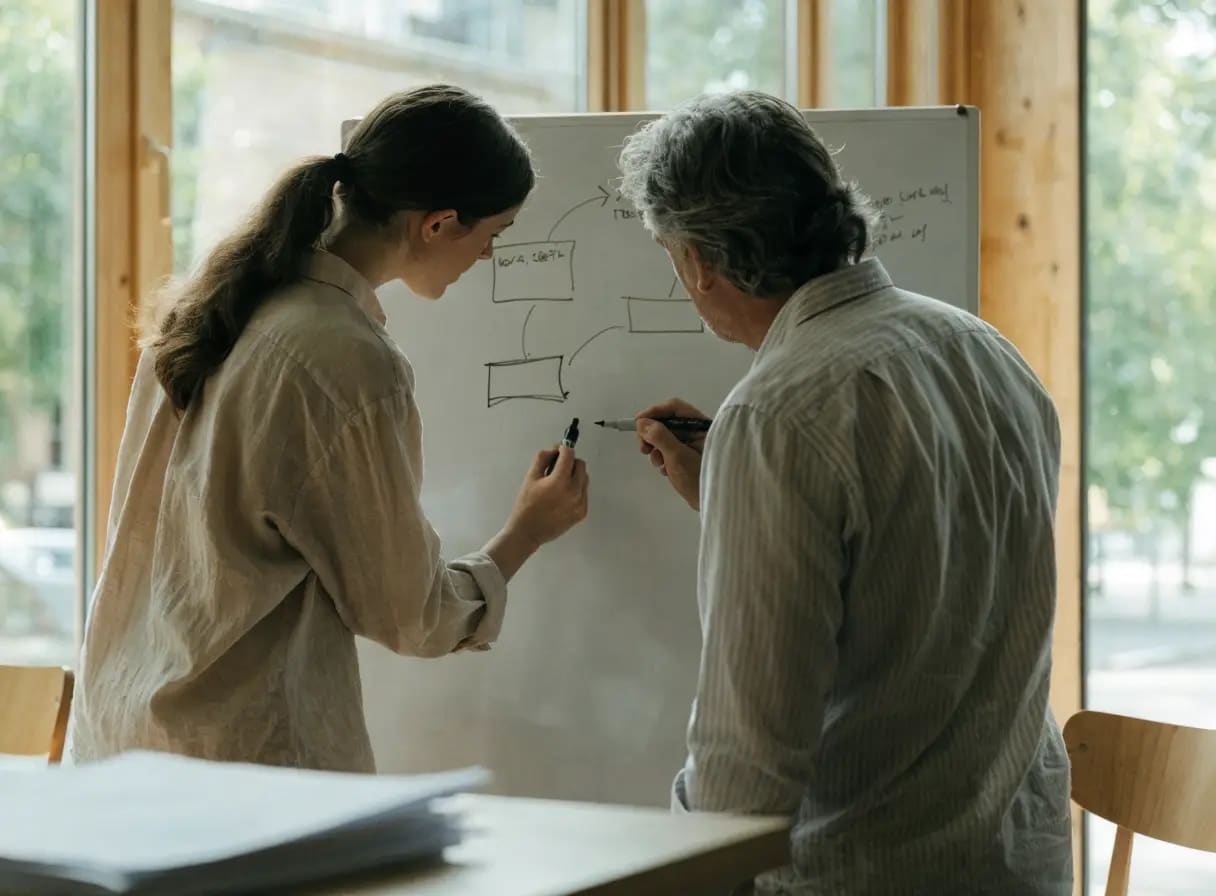 Twee ontwikkelaars schetsen een datamodel op een whiteboard