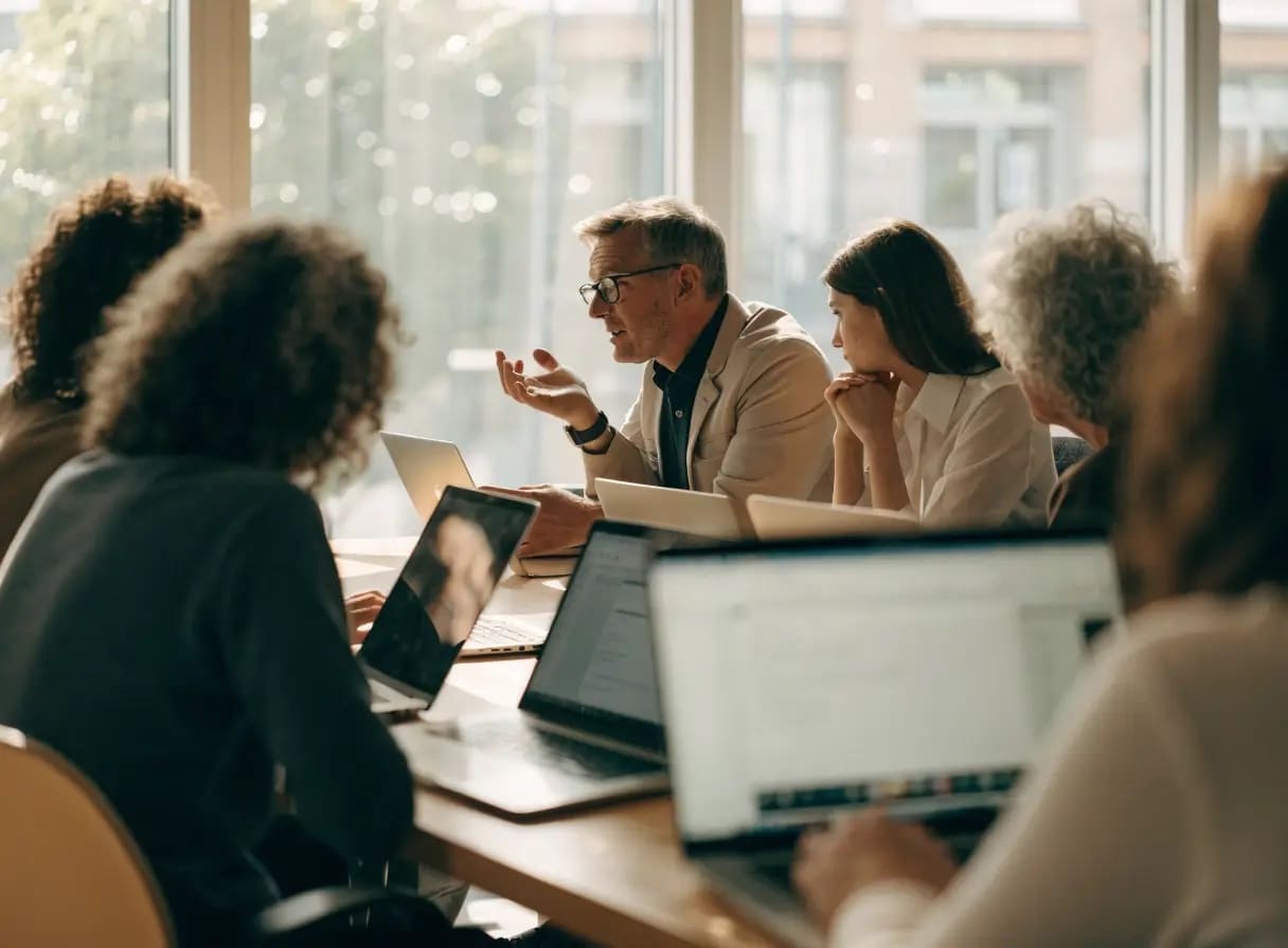 Trainer legt een nieuwe interne tool uit aan een groep medewerkers