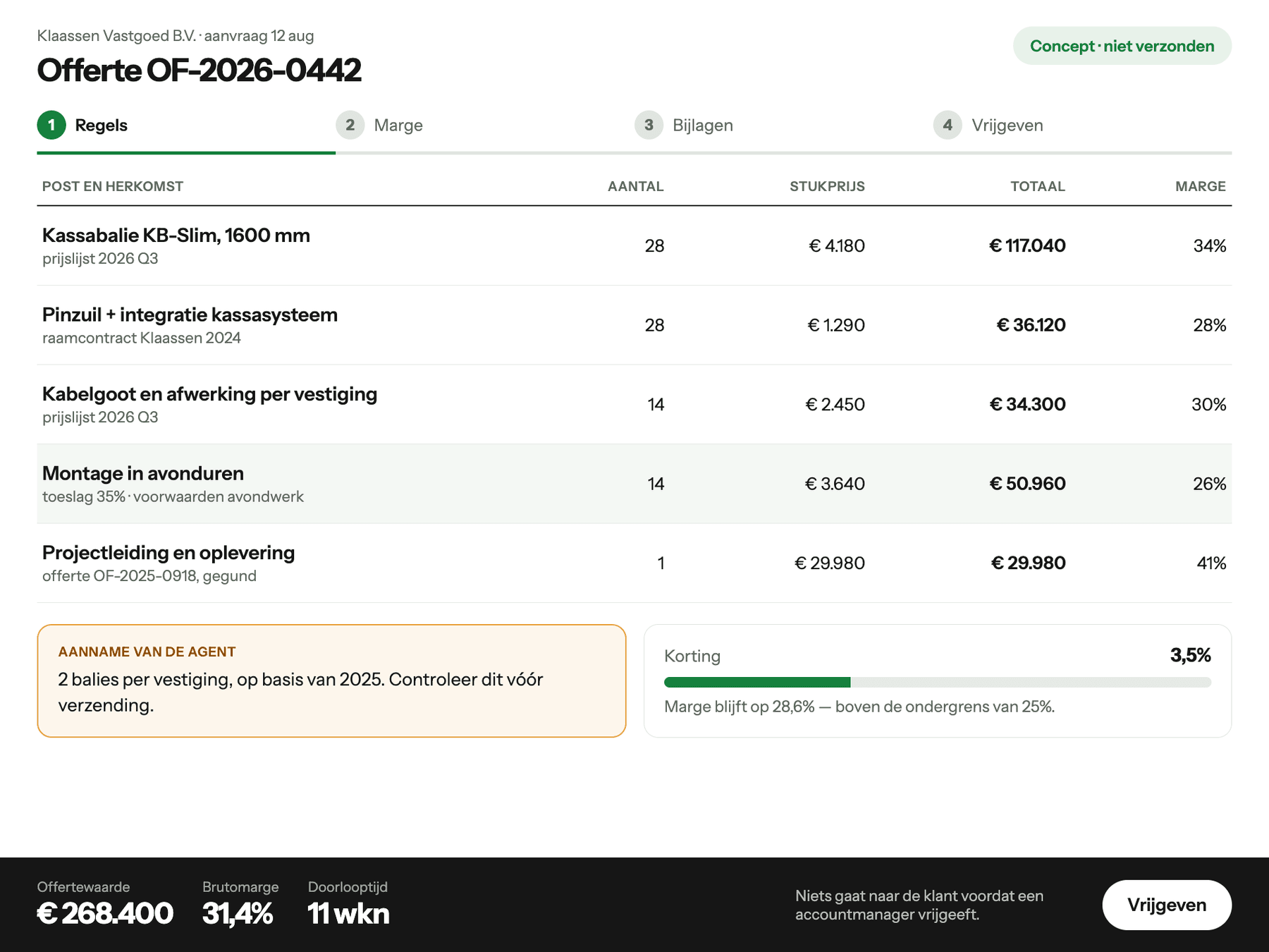 Offertescherm met voorgestelde regels, marges en een marge-simulatie